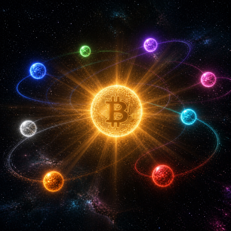 Bitcoin surrounded by colorful celestial bodies for crypto altseason indicators