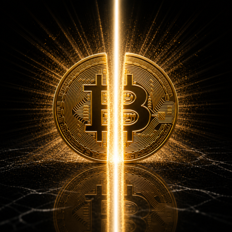 Golden Bitcoin in half with radiant light for bitcoin halving impact markets