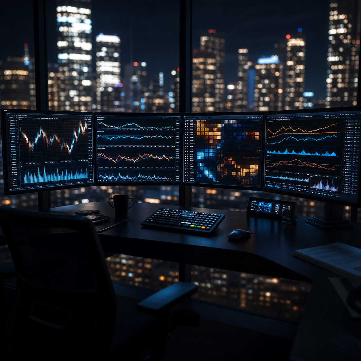 High-tech trading desk at night for Bitcoin Macro Analysis