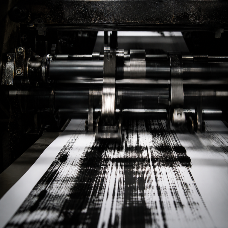 Printing press in motion, black ink for bitcoin macro news impact