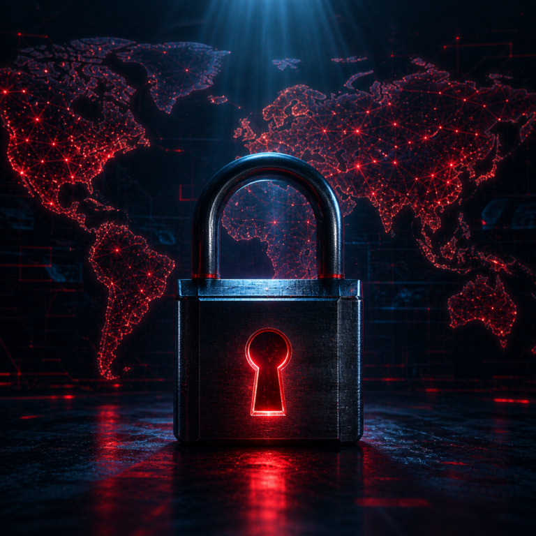 Lock symbol over digital world map for bitcoin sanctions crypto
