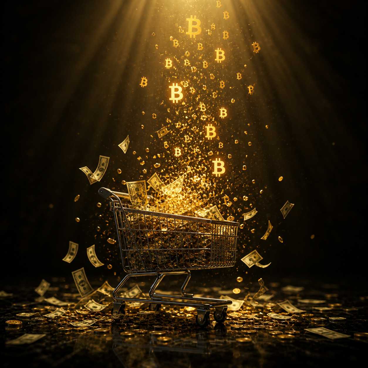 Shopping cart filled with money and Bitcoin for cpi inflation bitcoin