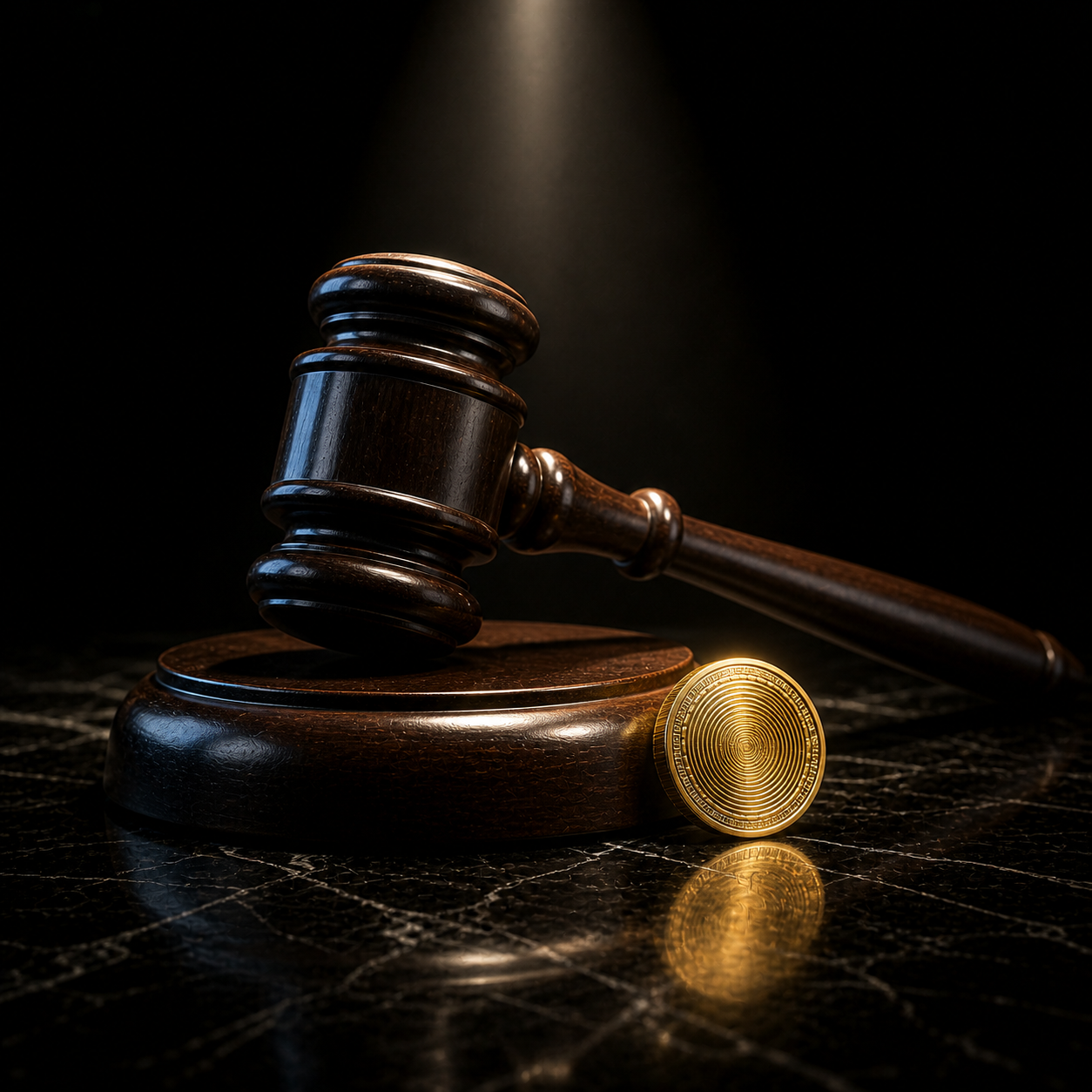 Gavel and coin on dark surface for crypto regulation news