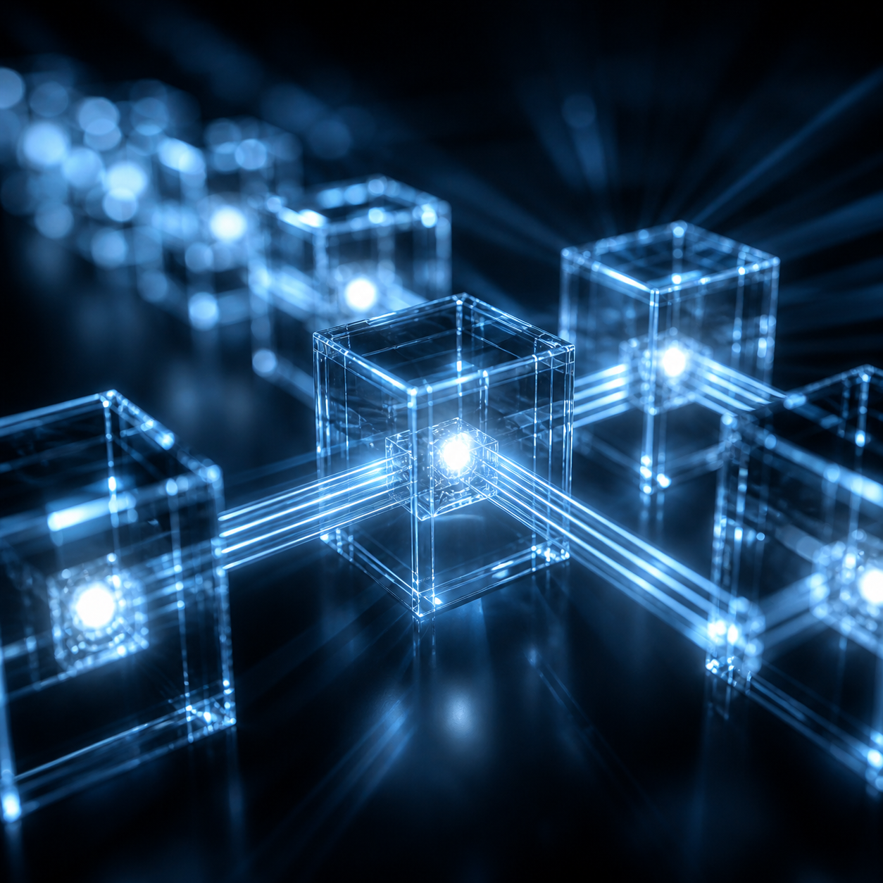 Glowing cubes connected by light beams for cryptocurrency transparency