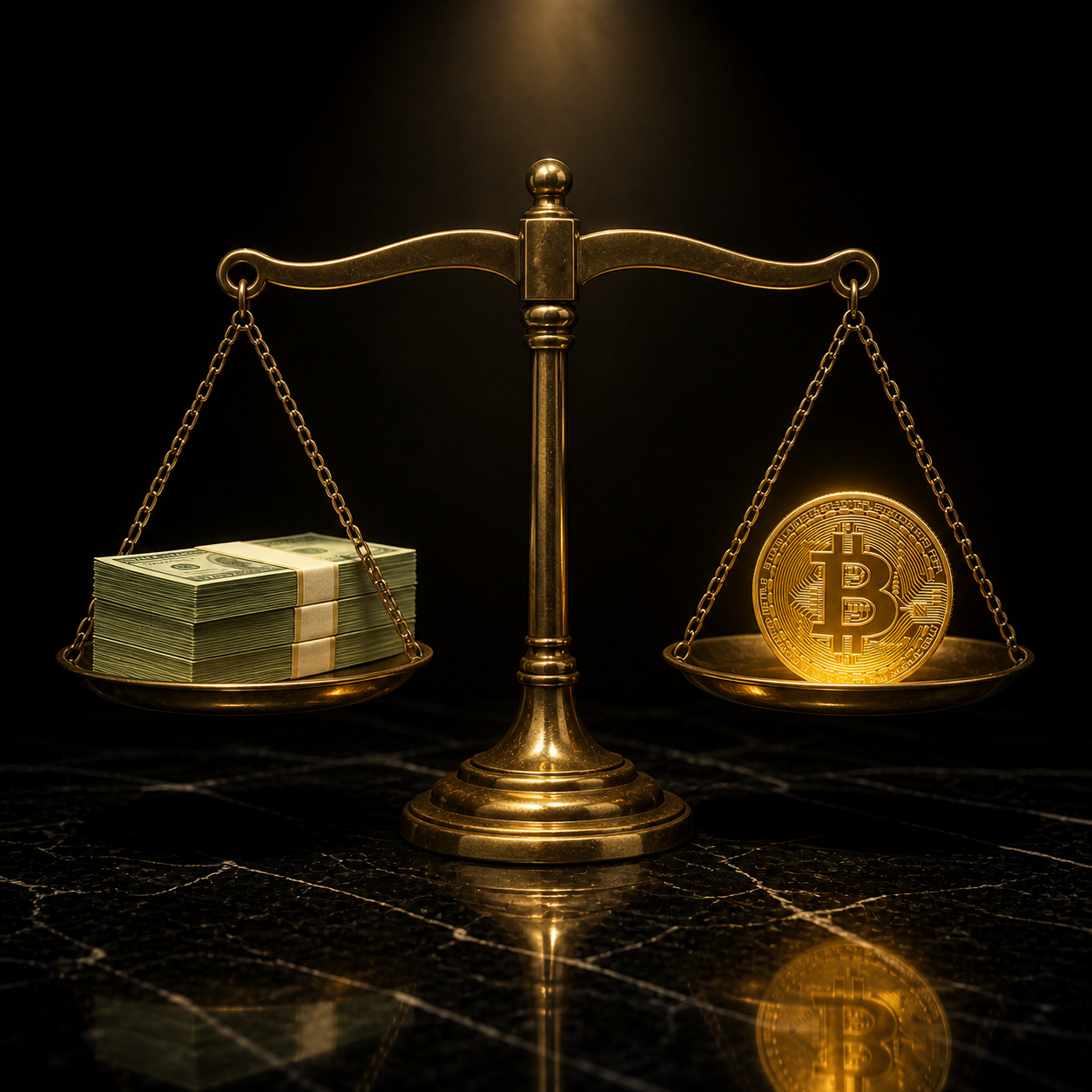 Scales balancing cash and Bitcoin for dollar strength bitcoin