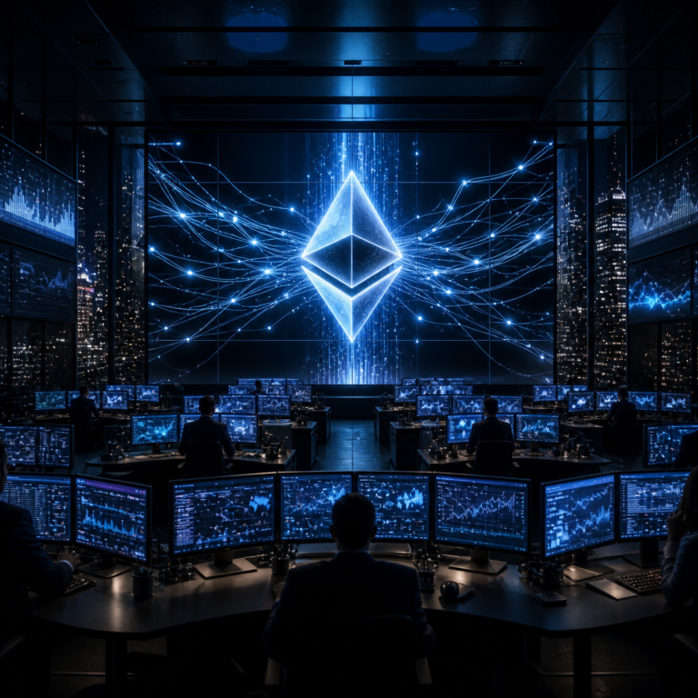 Futuristic trading room with Ethereum visuals for ethereum etf institutional flows