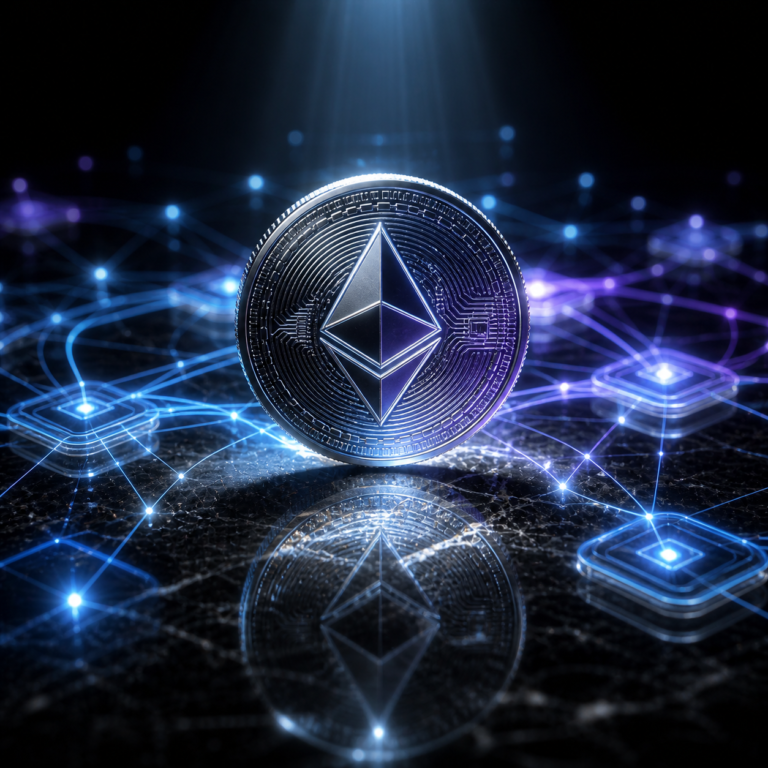 Ethereum coin with digital network background for ethereum price outlook 2026