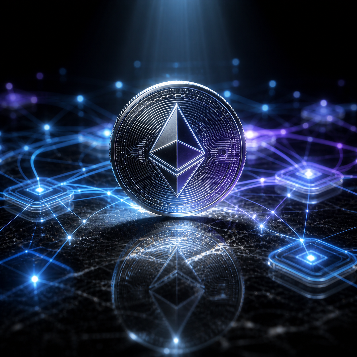 Ethereum coin with digital network background for ethereum price outlook 2026