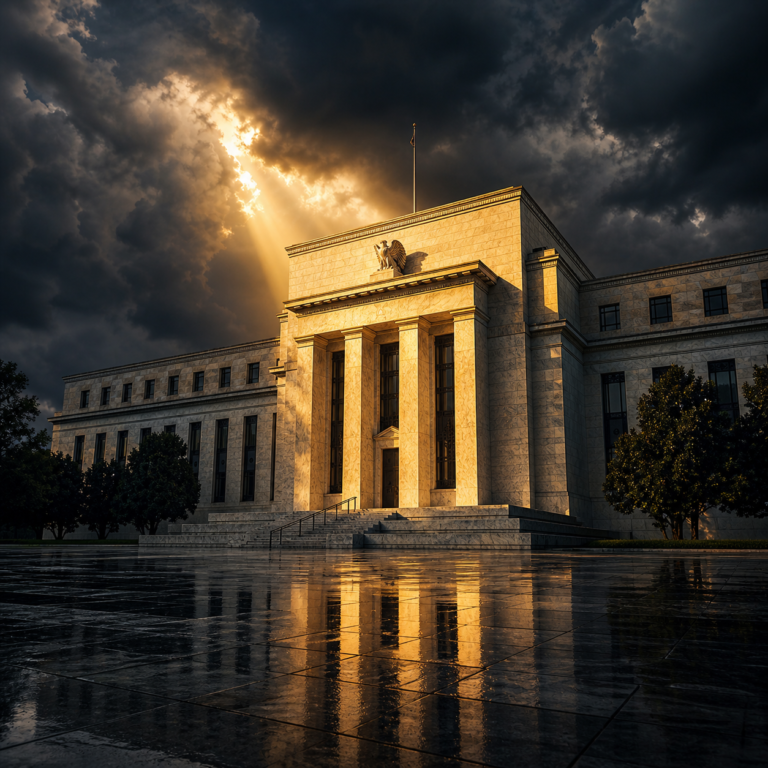 Federal building under dramatic sky for fed rate decision crypto impact