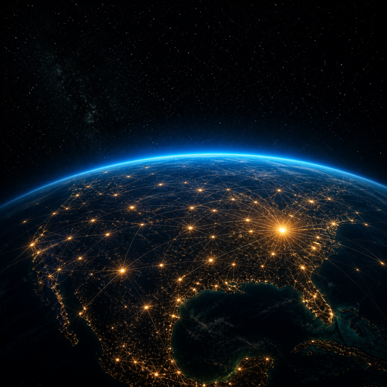 Earth illuminated by city lights at night for geopolitical risk bitcoin