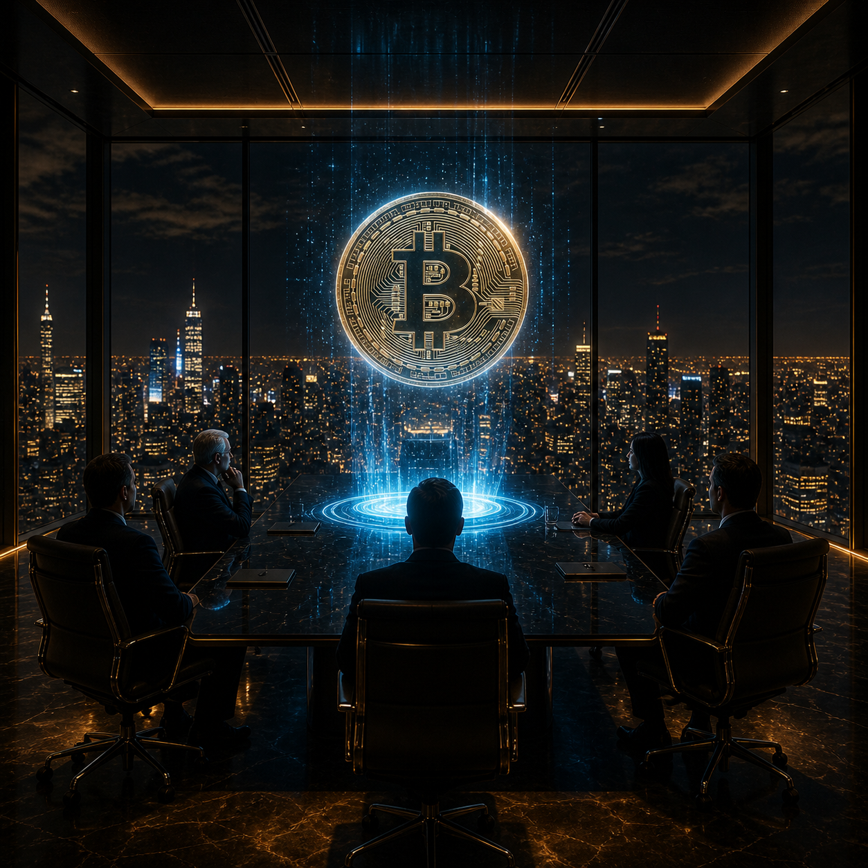Boardroom meeting with Bitcoin hologram for institutional crypto adoption