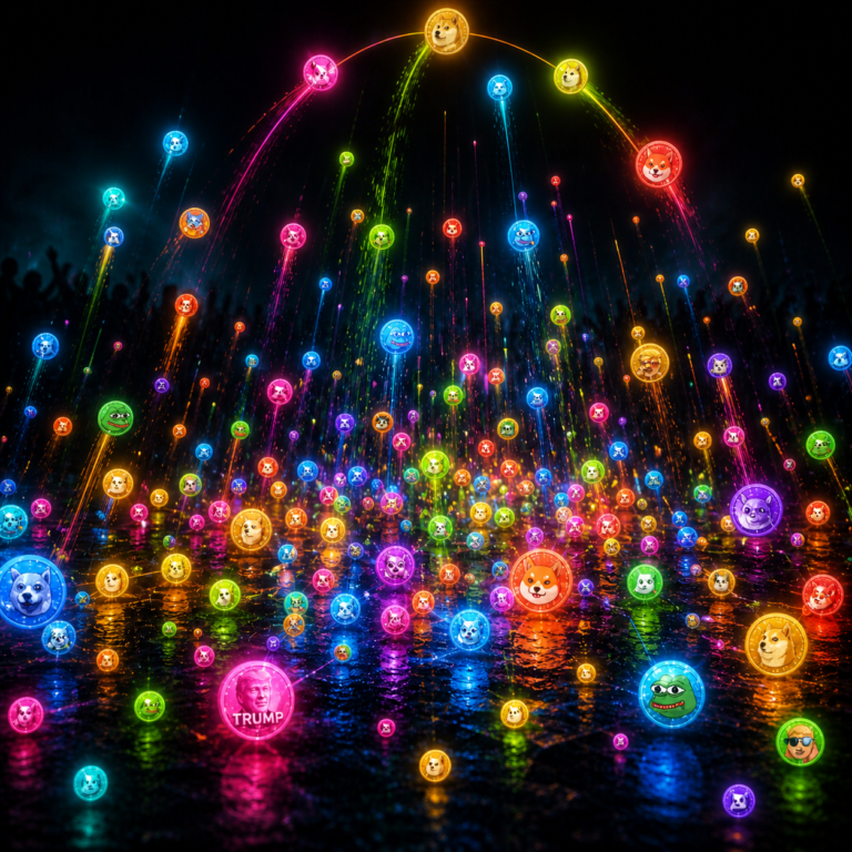 Colorful bubbles representing meme coins market cycle