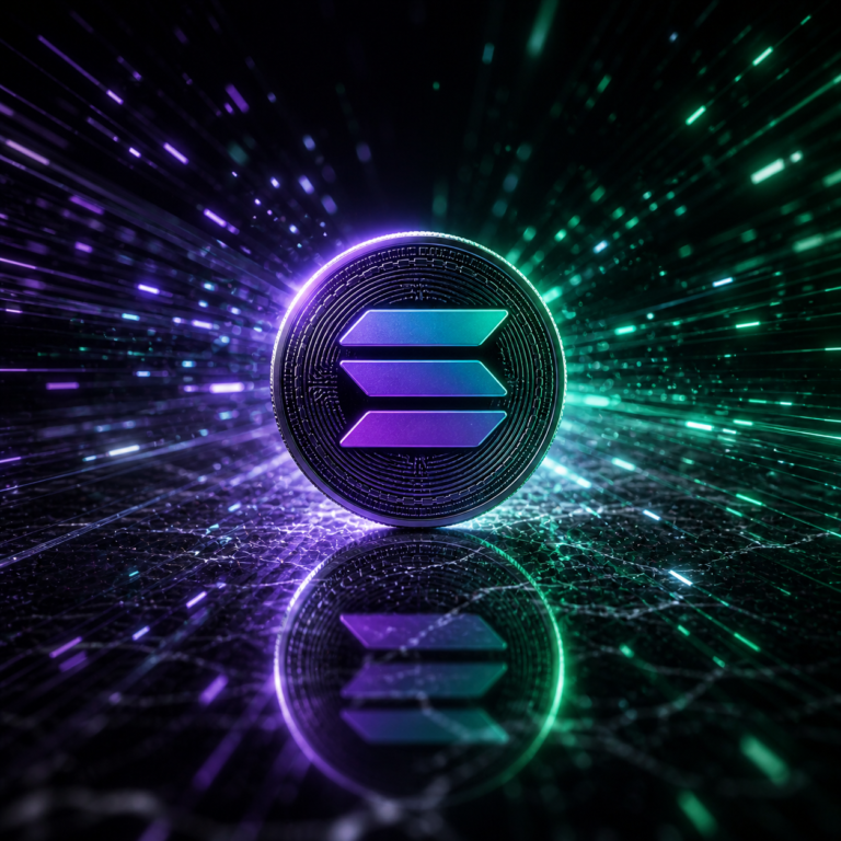 Glowing Solana coin with dynamic background for solana investment thesis 2026
