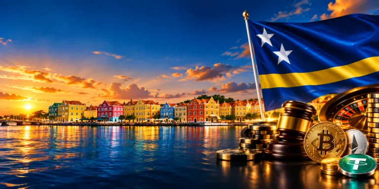 Curaçao waterfront at sunset with colorful colonial buildings, a waving Curaçao flag, casino chips, a roulette wheel, a gavel, and cryptocurrency coins on a reflective surface.