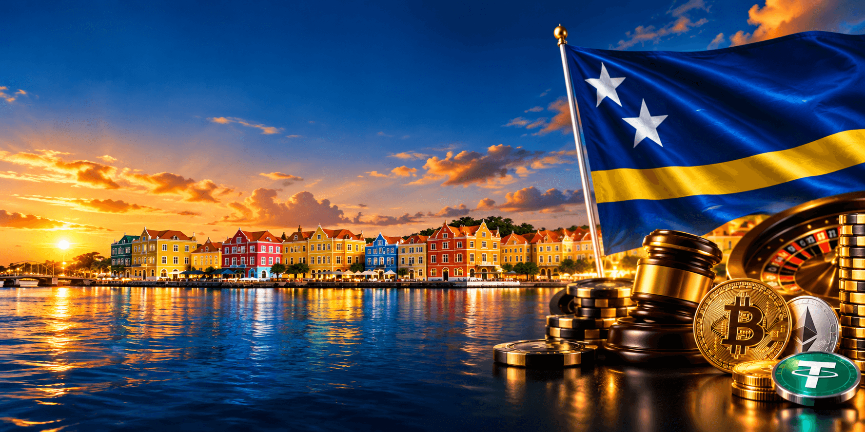 Curaçao waterfront at sunset with colorful colonial buildings, a waving Curaçao flag, casino chips, a roulette wheel, a gavel, and cryptocurrency coins on a reflective surface.